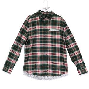Line of Trade Women's L Plaid‎ Cotton Flannel Button Up Shirt, Lace Trim Western